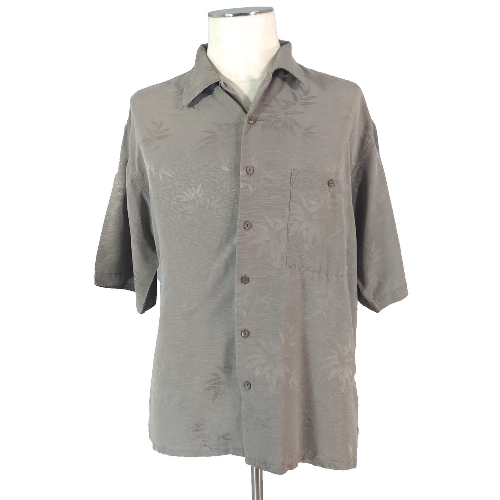 Cabana Hawaiian shirt men's large gray silk short sleeve floral ghost print